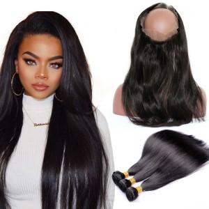 360 Frontal Closure With 3 Bundles Straight Brazilian Virgin Hair 360 Lace Band Frontal 