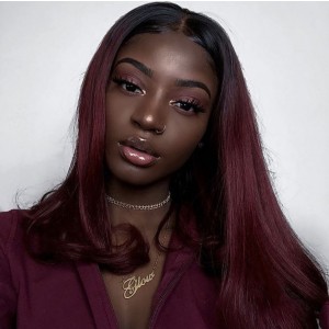 1B/99j  360 Lace Frontal Wig 150% Brazilian Straight Purple Red Ombre Short Human Hair Wigs