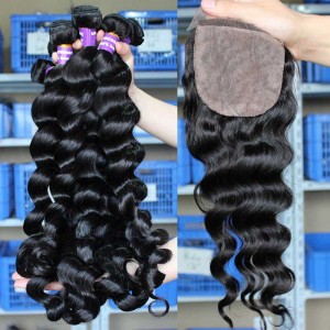 European Virgin Hair Loose Wave 4X4inches Three Part Silk Base Closure with 3pcs Weaves 