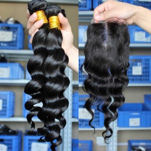 Indian Remy Hair Loose Wave Middle Part Lace Closure with 3pcs Weaves