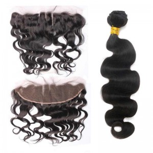 Natural Color Body Wave Malaysian Virgin Hair Lace Frontal Free Part With 3Pcs Hair Weaves