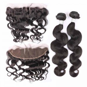 Brazilian Virgin Hair Body Wave Lace Frontal Closure With 3 Pcs Hair Bundles Natural Color 