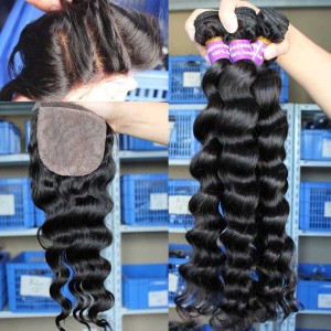 Loose Wave Brazilian Virgin Hair 4X4inches Three Part Silk Base Closure with 3pcs Weaves