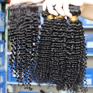 Mongolian Virgin Hair Kinky Curly Free Part Lace Closure with 3pcs Weaves