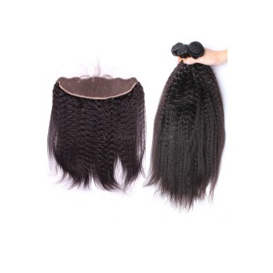 Natural Color Kingky Straight Brazilian Virgin Hair Lace Frontal With 3pcs Weaves