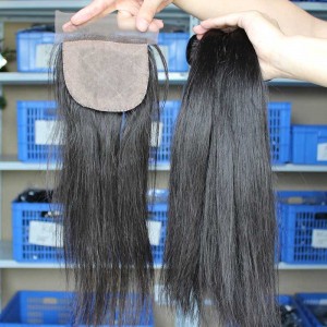 Brazilian Virgin Hair Straight 4X4inches Middle Part Silk Base Closure with 3pcs Weaves