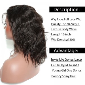 Brazilian Full Lace Wigs 10" 130% Density Body Wave Swiss Lace Pre-Plucked Natural Hair Line