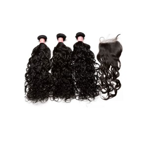 Brazilian Virgin Hair Water Wet Wave Free Part Lace Closure with 3pcs Hair Weaves