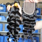Mongolian Virgin Hair Loose Wave Middle Part Lace Closure with 3pcs Weaves