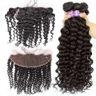 Natural Color Deep Wave Brazilian Virgin Hair Lace Frontal Closure Free Part With 3pcs Weaves