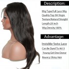 Brazilian Full Lace Wigs 20" 180% Density Straight Swiss Lace Pre-Plucked Natural Hair Line