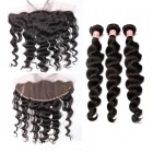 Natural Color Loose Wave Peruvian Virgin Hair Lace Frontal Free Part With 3pcs Weaves