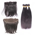 Natural Color Brazilian Virgin Hair Silky Straight  Lace Frontal Free Part With 3pcs Weaves