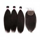 Brazilian Virgin Hair Kinky Straight Free Part Lace Closure with 3pcs Weaves